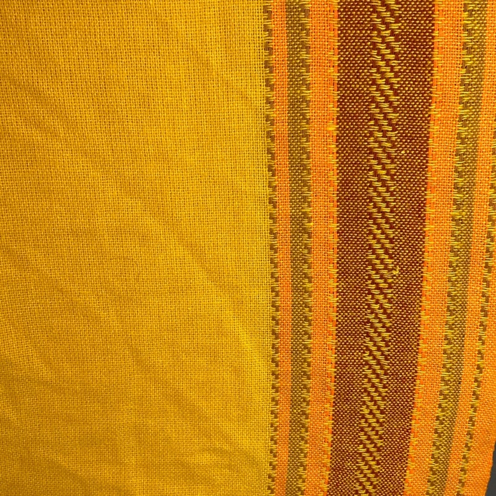 Vintage yellow 70’s‎ tablecloth orange stripes down side 2 in middle 52 x 61 404
